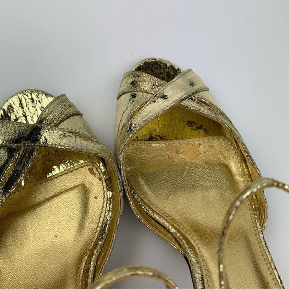 J crew heels size 6 gold Italian leather metallic peep toe party formal holiday - Picture 13 of 14